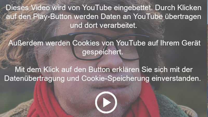 Dieses Video wird von YouTube eingebettet. Durch Klicken auf den Play-Button werden Daten an YouTube übertragen und dort verarbeitet. Außerdem werden Cookies von YouTube auf Ihrem Gerät gespeichert. Mit dem Klick auf den Button erklären Sie sich mit der Datenübertragung und Cookie-Speicherung einverstanden.